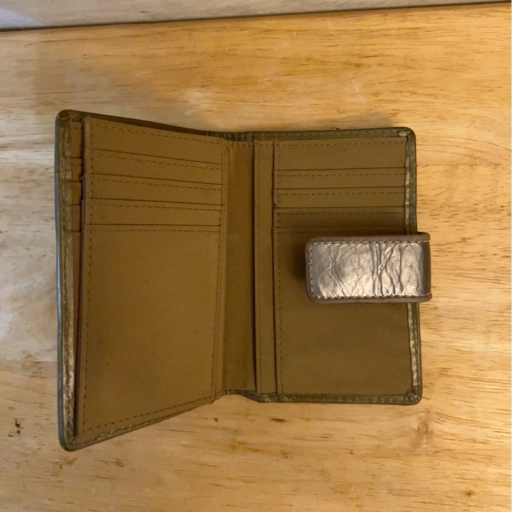 Fossil Logan Leather Tab Clutch Wallet unique multi-metallic patchwork design.
